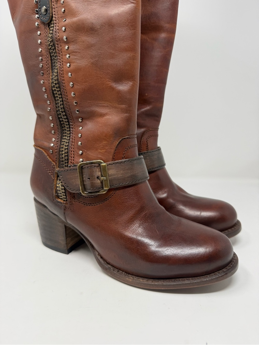 Born Brown Leather Tall Riding Boots with Studded Zip - Picture 4 of 8